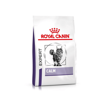 White background with a white bag of Royal Canin Calm for cats. Pictured on the bag is a long haired grey tabby cat.
