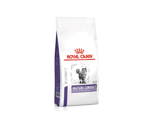 White background with a white bag of Royal Canin Mature Cat. Pictured on the bag is a long haired grey tabby cat.