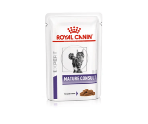 White background with a pouch of wet cat food with an long haired tabby cat pictured on the packet, text on the pouch says 'Royal Canin Expert, Mature Consult, Thin slices in gravy.'