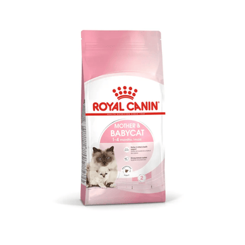 White background with a pink bag of Royal Canin Mother & Babycat. Pictured on the bag is a Ragdoll cat and a kitten, text on the bag states '1-4months'.