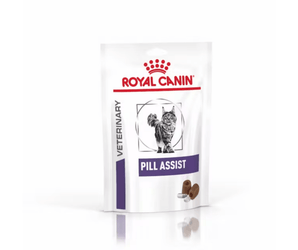 White background with a pouch of Feline Pill Assist treats with an long haired tabby cat pictured on the packet, text on the pouch says 'Royal Canin Veterinary, Pill Assist.'