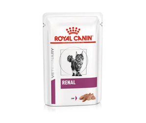 White background with a pouch of wet cat food with an long haired tabby cat pictured on the box, text on the box says 'Royal Canin Veterinary, Renal, Loaf'