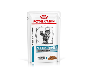 White background with a pouch of wet cat food with an long haired tabby cat pictured on the box, text on the box says 'Royal Canin Veterinary, Sensitivity Control, Chicken with Rice, Thin slices in Gravy.'
