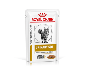 White background with a pouch of wet cat food with an long haired tabby cat pictured on the box, text on the box says 'Royal Canin Veterinary, Urinary S/O, Moderate Calorie, Morsels in Gravy.'