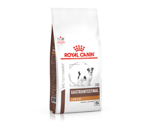 White background with a white bag of Royal Canin Gastrointestinal Low Fat Pictured on the bag is a Jack Russell dog.