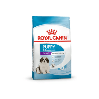 White background with a blue bag of Royal Canin Giant Puppy. Pictured on the bag is a St. Bernard puppy , text on the bag states '2 - 8 months' and 'Giant, Adult Weight over 45kg'.