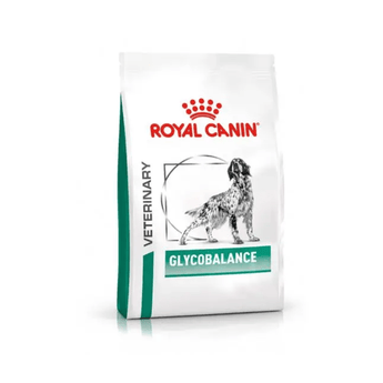 White background with a bag of Royal Canin Glycobalance dry dog food with a English setterr dog pictured on the packet, text on the pouch says 'Royal Canin Veterinary, Glycobalance'.