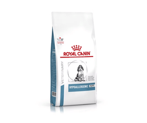 White background with a white bag of Royal Canin Hypoallergenic Puppy. Pictured on the bag is a English Setter puppy.