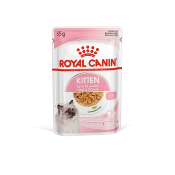 White background with a sachet of Royal Canin Kitten chunks in jelly. Pictured on the packet is a Ragdoll kitten, text on the tin states 'Up to 12 months'.
