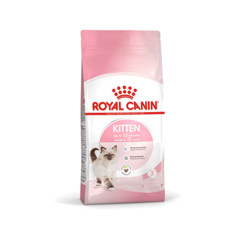White background with a pink bag of Royal Canin Kitten. Pictured on the bag is a Ragdoll kitten, text on the bag states 'Upto 12 months'.
