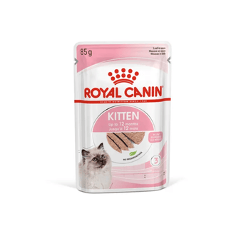 White background with a sachet of Royal Canin Kitten chunks in loaf. Pictured on the packet is a Ragdoll kitten, text on the tin states 'Up to 12 months'.