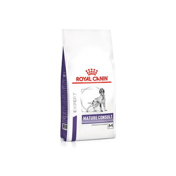 White background with a bag of Royal Canin Medium Mature dry dog food with a English Setter dog pictured on the packet, text on the pouch says 'Royal Canin Expert, Mature Consult. Medium Dogs'.