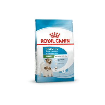 White background with a blue bag of Royal Canin Mother & Babydog. Pictured on the bag is an adult Jack Russell Terrier and a puppy, text on the bag states '1-2months, Mini, Adult weight up to 10kg'.