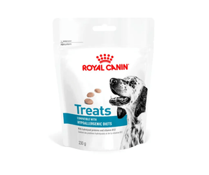 White background with a pouch of Royal Canin Canine Hypoallergenic treats with an English Setter dog pictured on the packet, text on the pouch says 'Royal Canin Treats, compatible with Hypoallergenic Diets.'