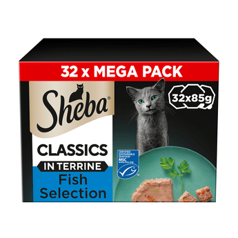 White background with a box of Sheba Select Slices Fish Selection in terrine, pictured on the front is a British blue cat.