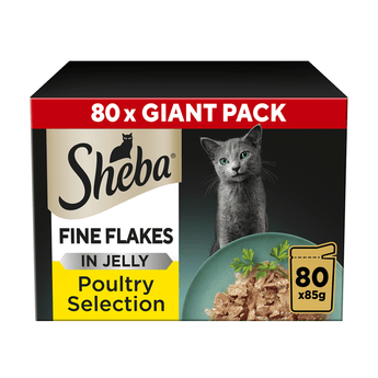 White background with a box of Sheba Fine Flakes Poultry Selection in jelly, pictured on the front is a British blue cat.
