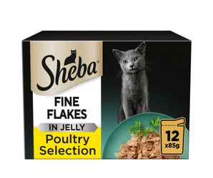 White background with a box of Sheba Fine Flakes Poultry Selection in jelly, pictured on the front is a British blue cat.