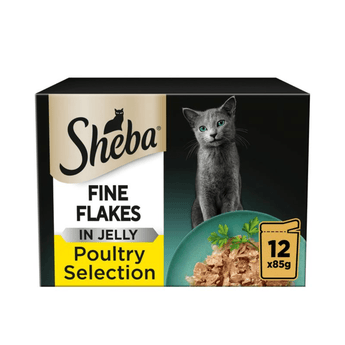 White background with a box of Sheba Fine Flakes Poultry Selection in jelly, pictured on the front is a British blue cat.