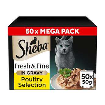 White background with a box of Sheba Fresh and Fine Poultry Selection in gravy, pictured on the front is a British blue cat.