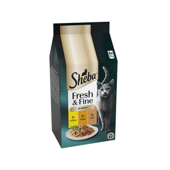 White background with a packet of Sheba Fresh and Fine in gravy, Chicken, Turkey and Duck. Pictured on the packet is a British blue cat.