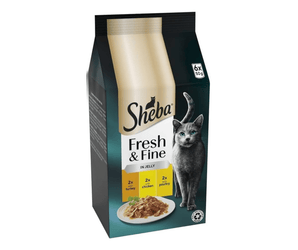 White background with a packet of Sheba Fresh and Fine in jelly, Chicken, Turkey and Poultry. Pictured on the packet is a British blue cat.