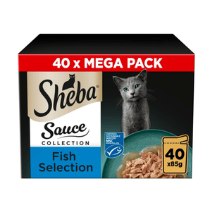 White background with a box of Sheba Sauce Collection Fish Selection in sauce, pictured on the front is a British blue cat.