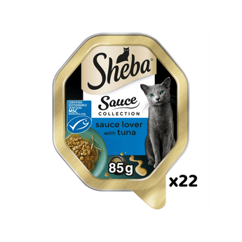 White background with a tray of Sheba Sauce Collection with Tuna in sauce, pictured on the front is a British blue cat.