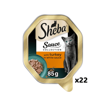 White background with a tray of Sheba Sauce Collection with Turkey in white sauce, pictured on the front is a white British blue cat.