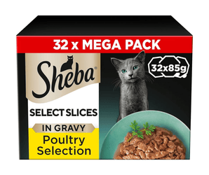 White background with a box of Sheba Select Slices Poultry Selection in jelly, pictured on the front is a British blue cat.