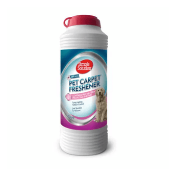 White background with a tub of Simple Solution Pet Carpet Freshener, on the bottle is a picture of a golden retriever dog.
