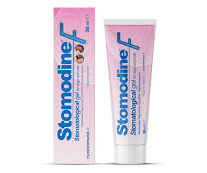 Stomodine F stomatological gel for dogs and cats, shown as a pink and white cardboard box alongside a matching squeeze tube with a white cap on a white background.