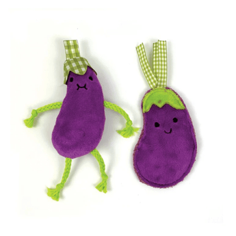 Two plush Aubergine-shaped cat toys on a white background, one standing and one sitting, both in purple with green tops and braided green limbs.