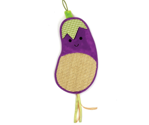 A plush aubergine-shaped hanging cat scratcher in purple and beige woven fabric with a green gingham top section, a small embroidered face, and ribbon ties, shown on a plain white background.