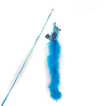 Blue cat teaser toy with a bird design with embroidered features and a long feathery tail on a white background.