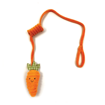 A orange plush carrot-shaped cat toy with a matching orange rope and a small green gingham leaf accent, shown on a plain white background.