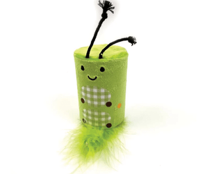A green cylindrical caterpillar rattle roll toy with a smiling face, black antennae, a white-and-green gingham belly patch, brown polka dots for feet, and a fluffy lime-green tail, photographed on a white background.