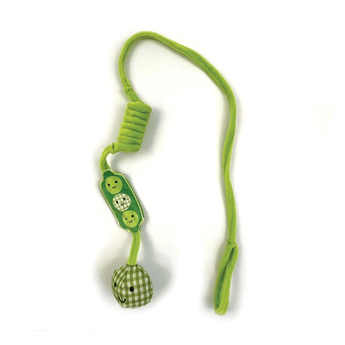 A green plush pea pod-shaped cat toy with a matching green rope and a larger pea at the bottom of the rope, shown on a plain white background.