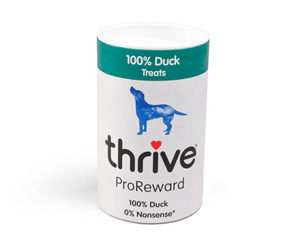 White background with a single tube of 'Thrive ProReward' dog treats, text on tube also says '100% Duck, 0% Nonsense' with a silhouette of a large dog pictured.