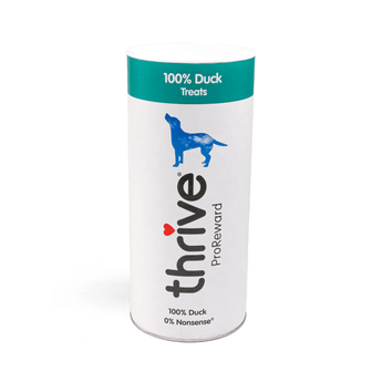 White background with a large single tube of 'Thrive ProReward' dog treats, text on tube also says '100% Duck, 0% Nonsense' with a silhouette of a large dog pictured.