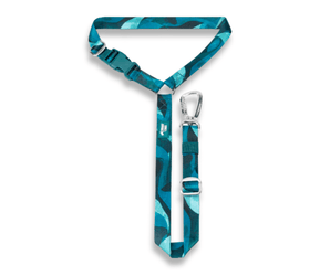 White background with a teal coloured Twiggy Tags Lagoon Adventure Seat Belt with a headrest loop and carabiner clip.