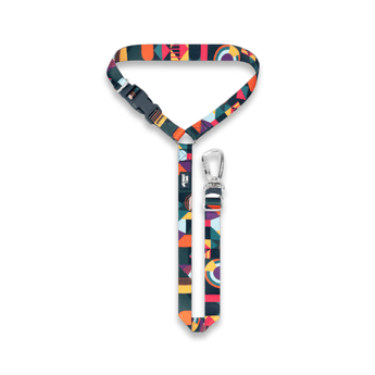 White background with a multicoloured Twiggy Tags Aurora Adventure Seat Belt with a headrest loop and carabiner clip.