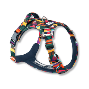 White background with a side view of a multi-coloured Twiggy Tags Aurora Adventure dog harness with a tag with text 'Twiggy Tags' at the top.