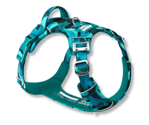 White background with a teal coloured Twiggy Tags Lagoon Adventure dog harness with a clip and d-ring with a tag with text 'Twiggy Tags'.