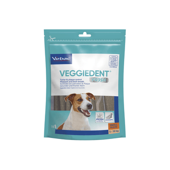 VeggieDent dog treat package with a dog illustration on a white background
