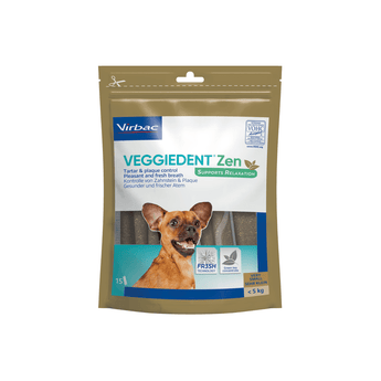Package of Virbac Veggiedent Zen dog treats on a white background