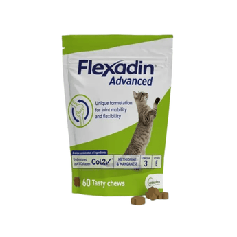 White background with a green and white packet with a tabby cat pictured on the bag. Text on the bags reads 'Flexadin Advanced, Unique formulation for for joint mobility and flexibility.' In the foreground are three cross shaped treats.