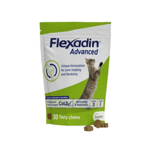 White background with a green and white packet with a tabby cat pictured on the bag. Text on the bags reads 'Flexadin Advanced, Unique formulation for for joint mobility and flexibility.' In the foreground are three cross shaped treats.