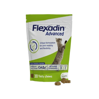 White background with a green and white packet with a tabby cat pictured on the bag. Text on the bags reads 'Flexadin Advanced, Unique formulation for for joint mobility and flexibility.' In the foreground are three cross shaped treats.