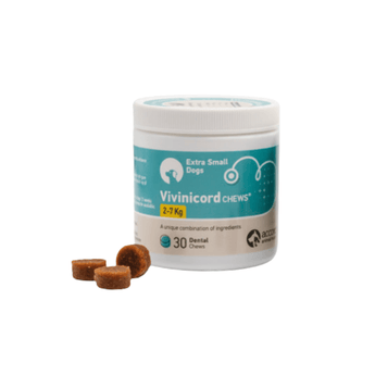 White background with a tub of Vivinicord Chews for 'Extra Small Dogs 2-7kg', '30 Dental chews' with 3 small dental chews pictured in the front of the tube.