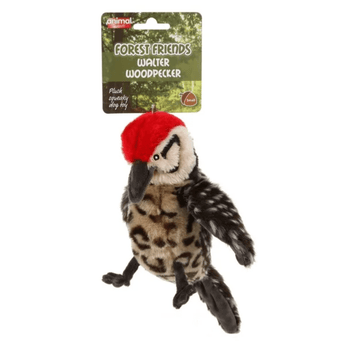 Small Woodpecker dog toy with red head, animal print belly and mottled wings and tail attached to a green cardboard backing with white text 'Forest Friends Walter Woodpecker' and smaller text saying 'Plush squeaky dog toy' pictured on a white background.